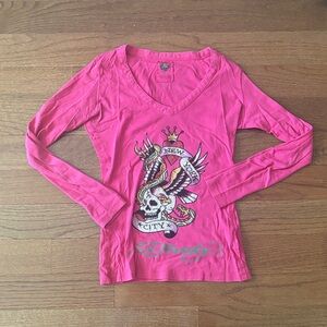 Y2k Ed Hardy pink longsleeve rhinestone v neck top -
small